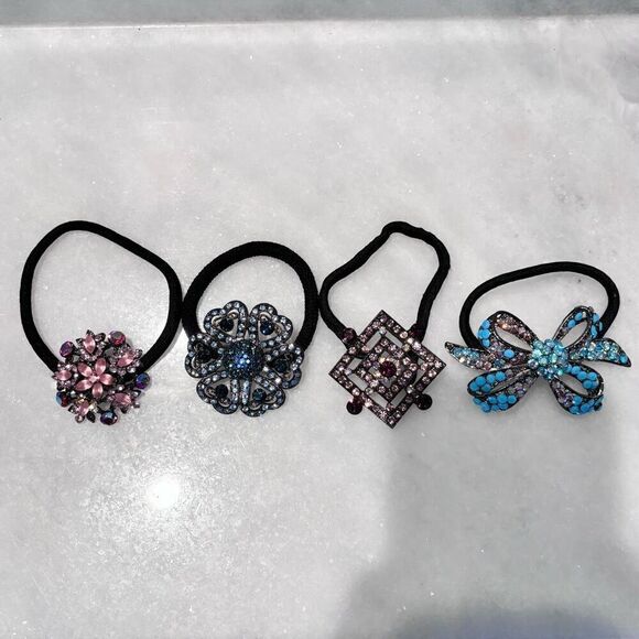 Lot Of 4 Vintage Sparkly Rhinestone Embellished Elastic Ponytail Hair Ties Multi - Picture 3 of 5